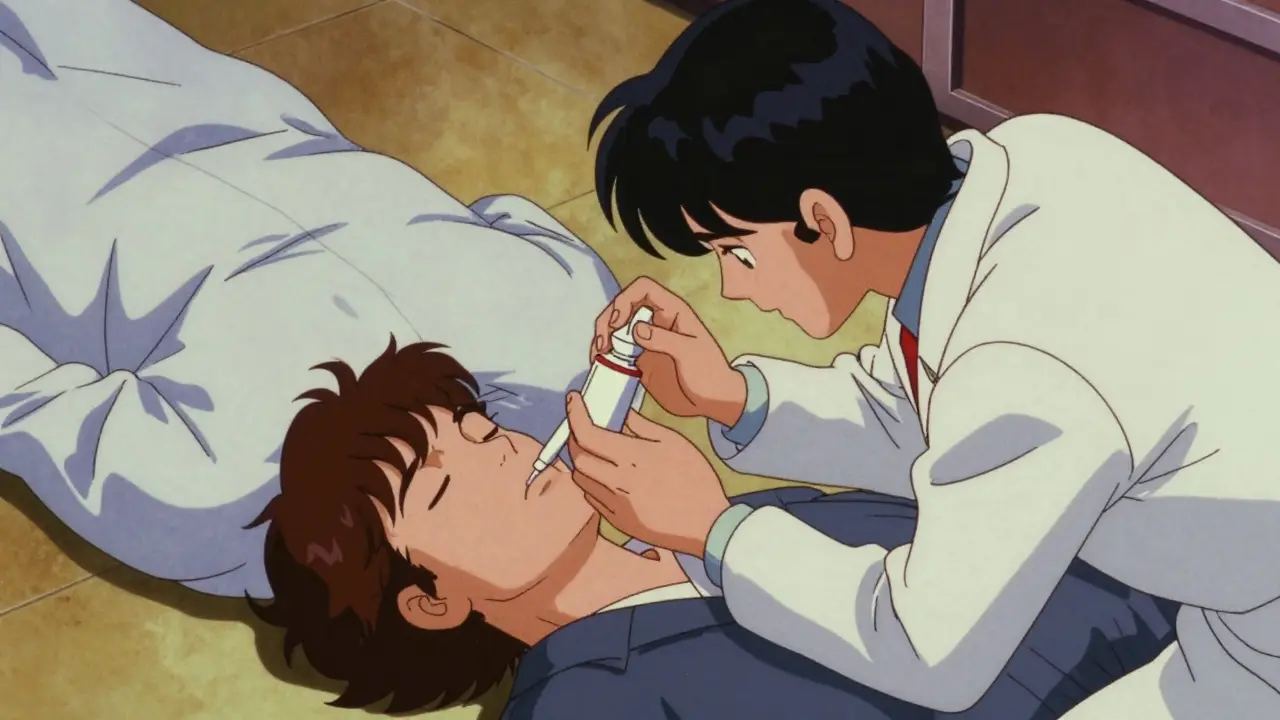 A character administering naloxone nasal spray to an unresponsive person in retro anime style.