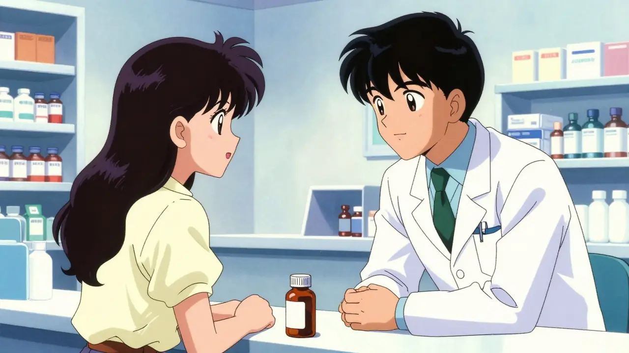 A patient discussing medication with a pharmacist at a pharmacy counter
