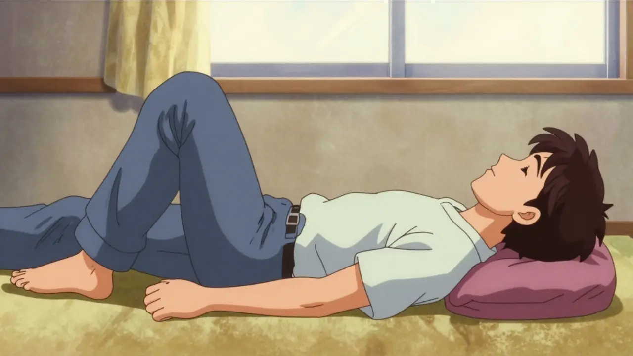 A person placed in the recovery position on their side in a retro anime style.