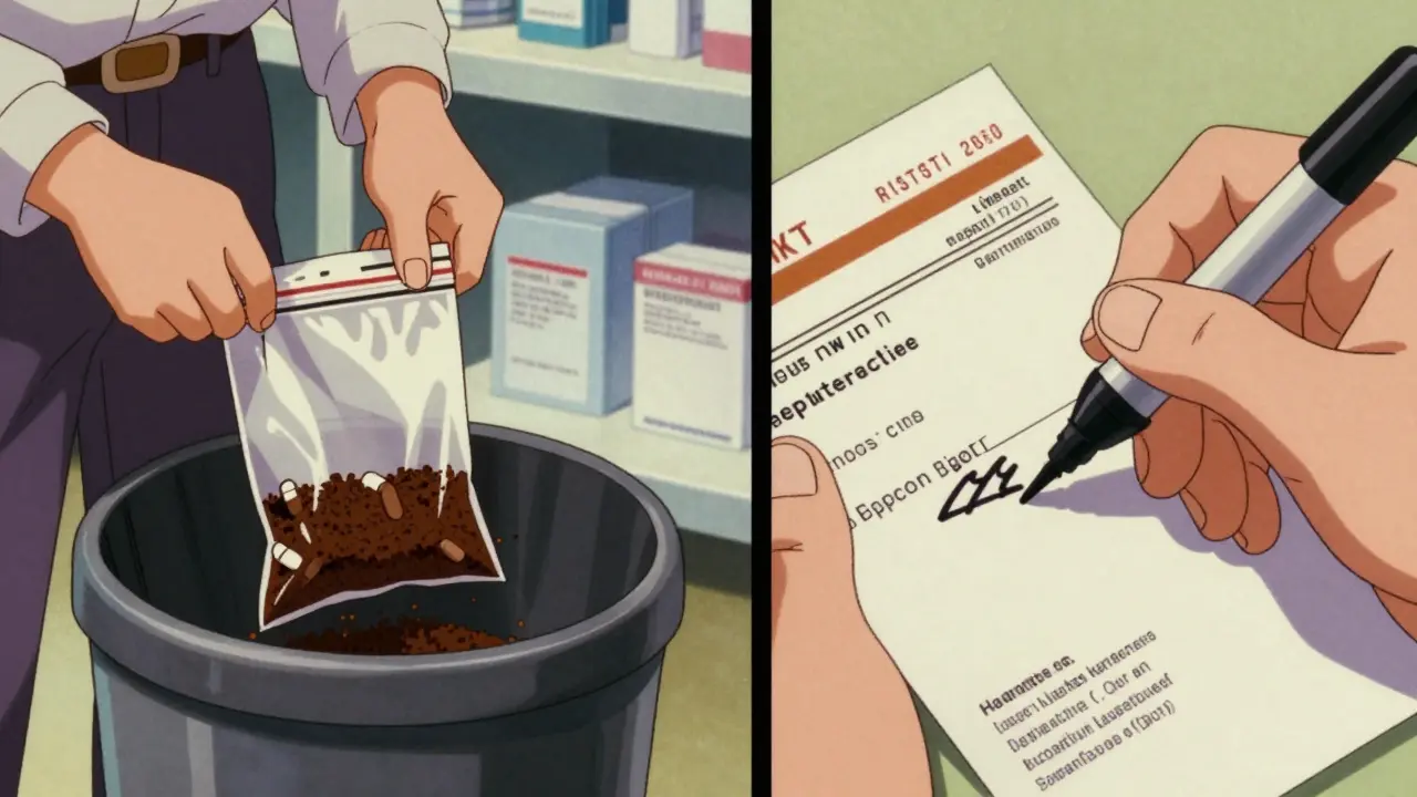 A person safely disposing of old medication and hiding personal info on a label