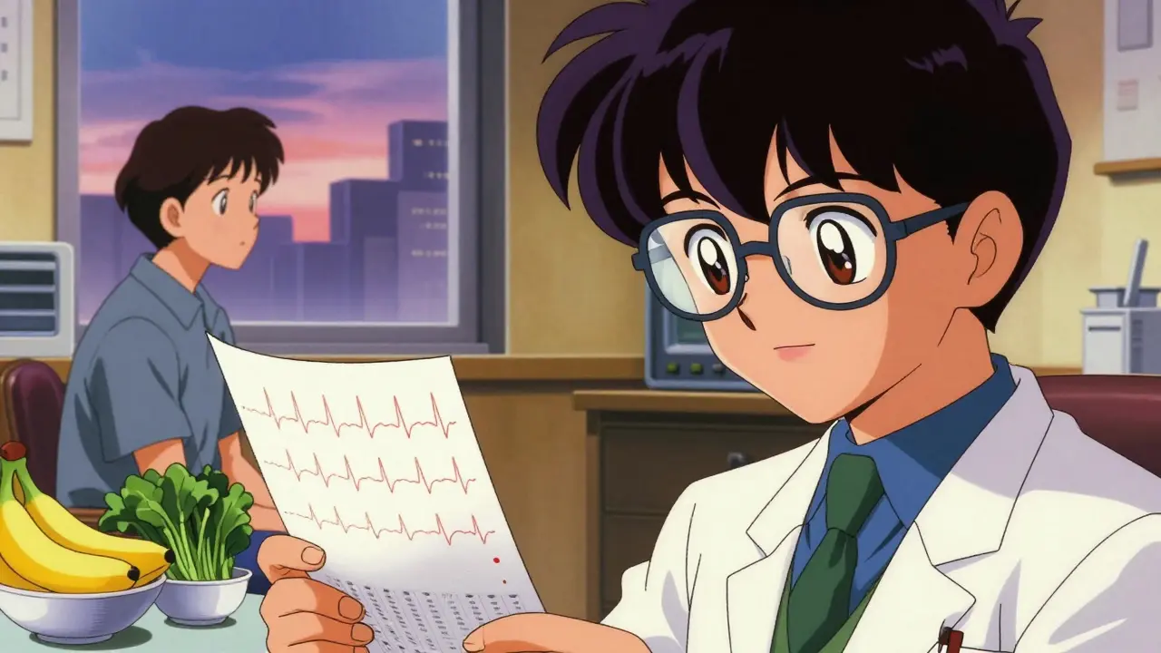 Anime doctor reviewing an ECG heart rhythm printout in a warm office setting