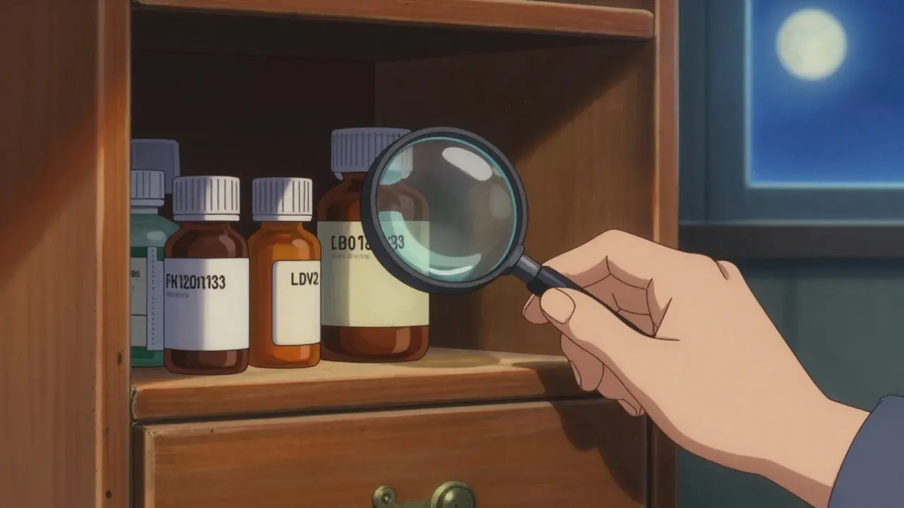 Anime style close-up of medicine bottles in a home cabinet with a focus on the expiration date