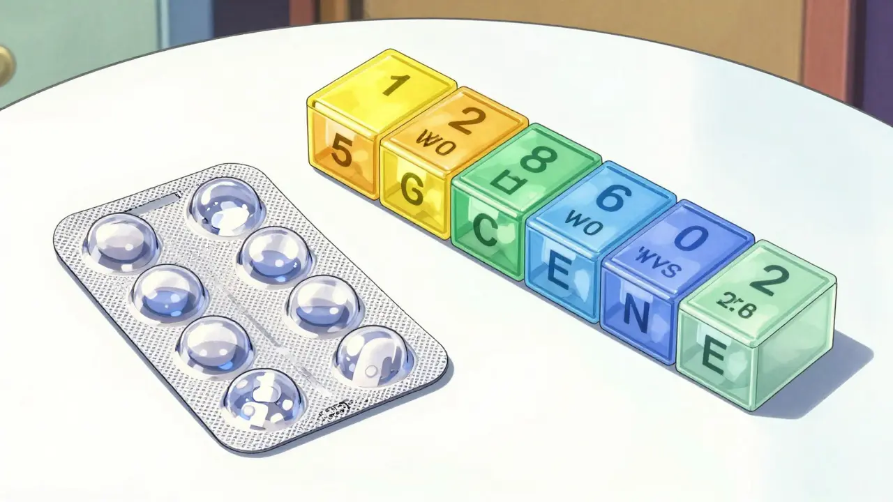 Blister packs and color-coded pill organizers on a white table