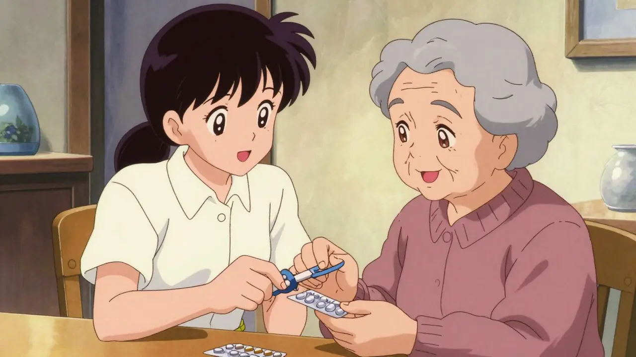 Caregiver helping an elderly person use a pill popper tool