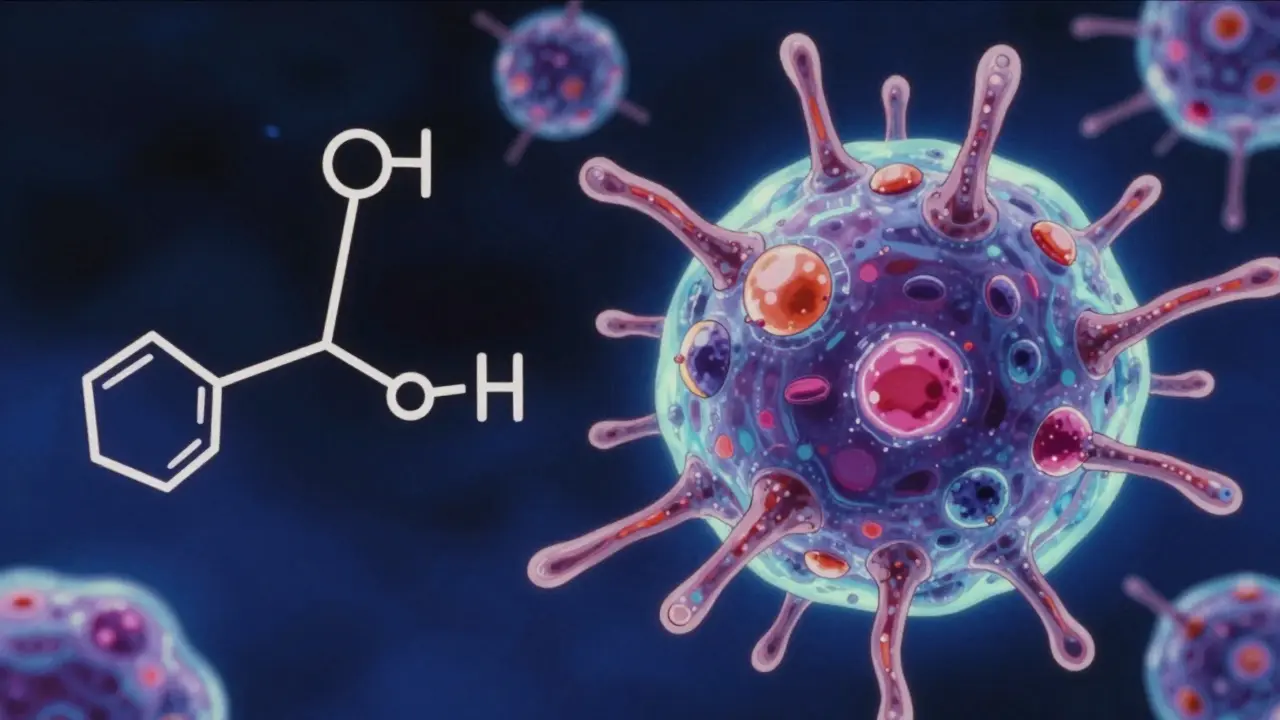 Comparison between a simple chemical structure and a complex biological cell, retro anime style.