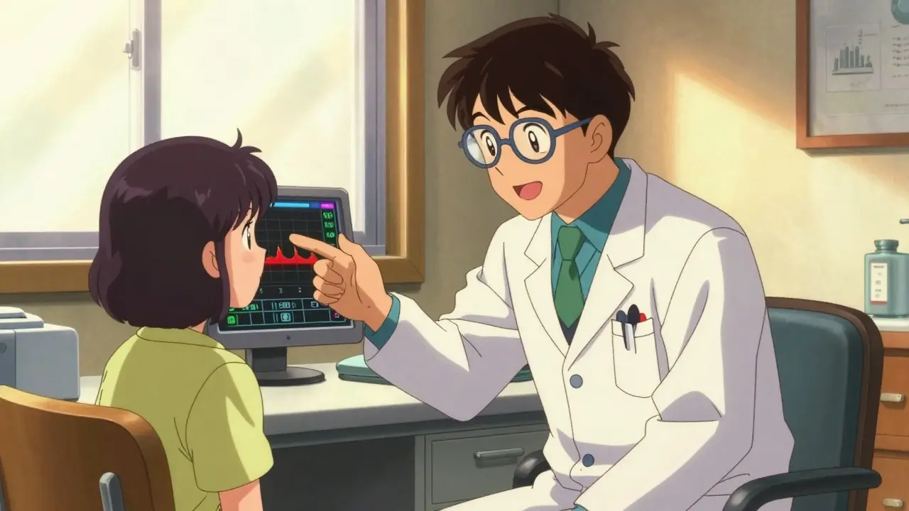Doctor and patient having a supportive conversation in a sunlit office, retro anime style.