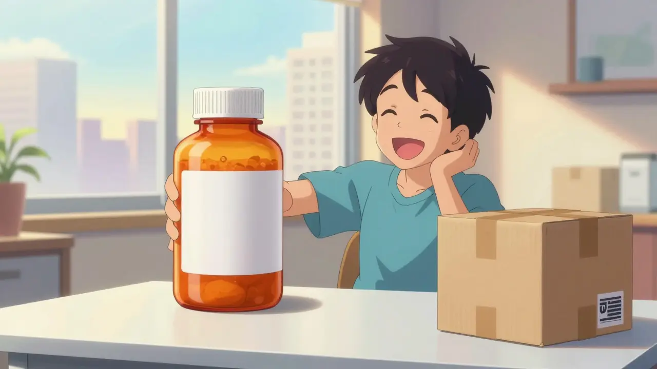 Happy person holding a bulk medication bottle and a shipping package