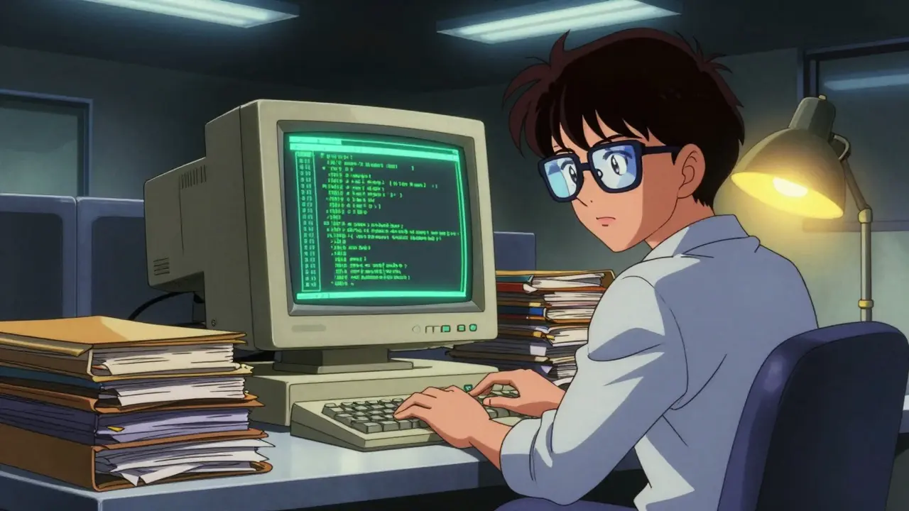Retro anime caseworker in an 80s office using a vintage computer to monitor insurance databases.