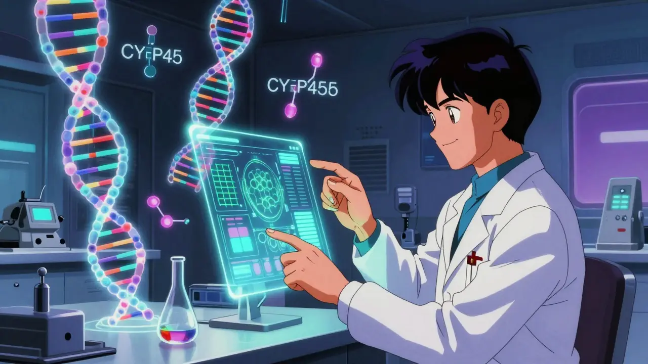 Retro anime depiction of holographic DNA and medical technology for personalized dosing.