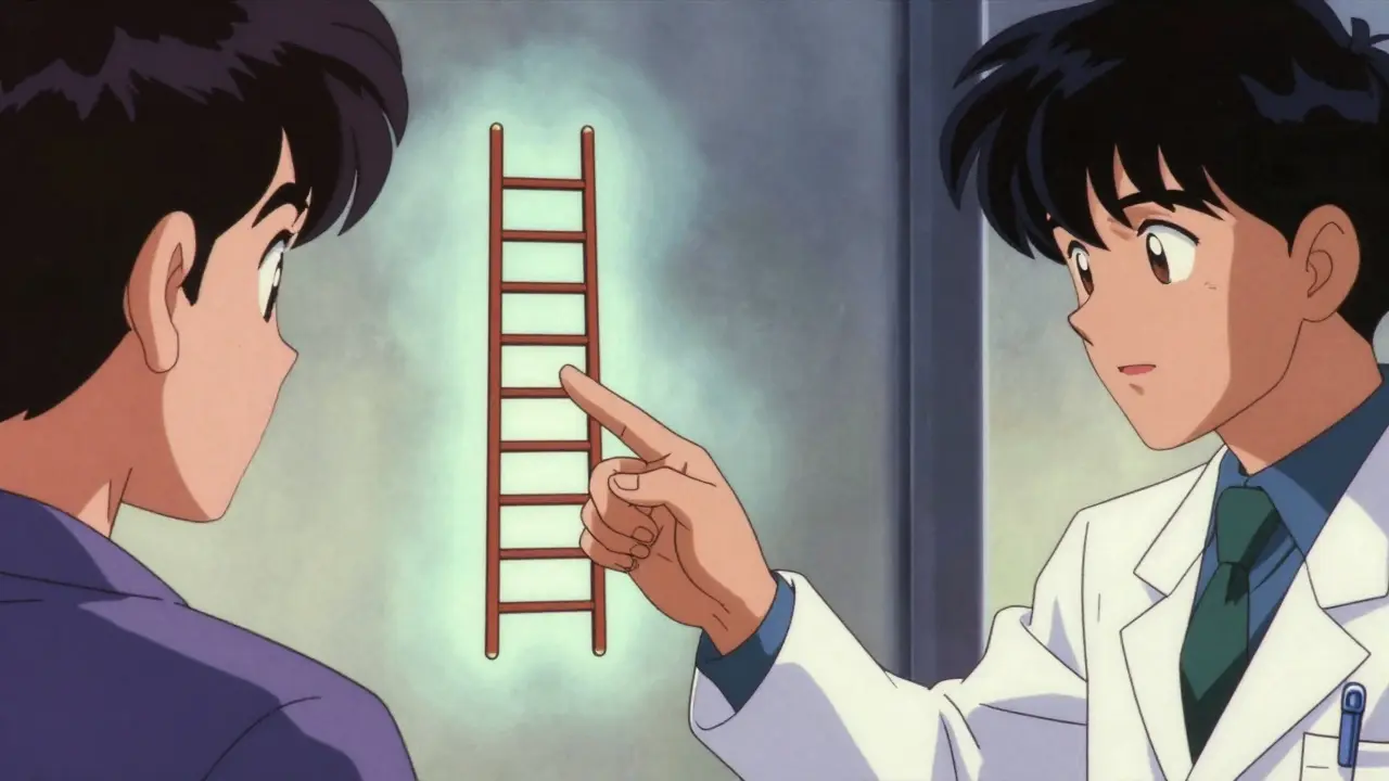Retro anime illustration of a doctor explaining a pain management scale to a patient.