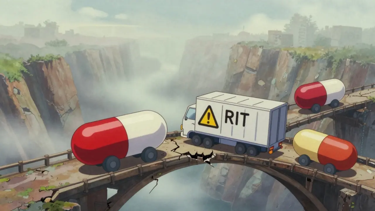 Retro anime metaphor of heavy medicine pill trucks weighing down a cracking bridge