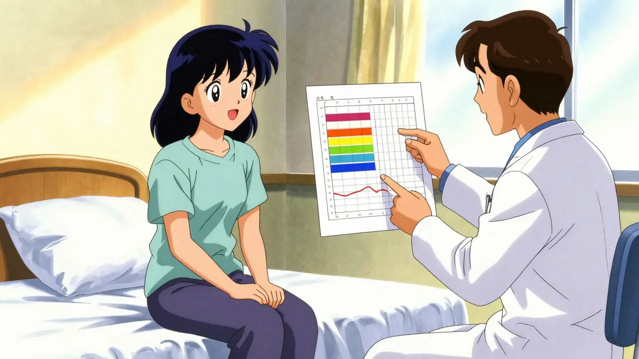Retro anime scene of a doctor explaining sleep study results to a patient in a bright clinic.