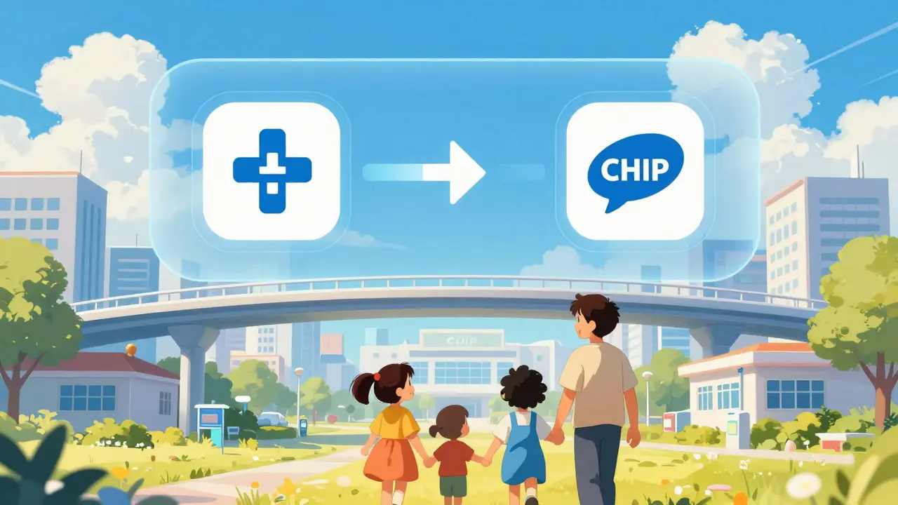 Retro anime scene of a happy family accessing healthcare through a seamless digital bridge system.