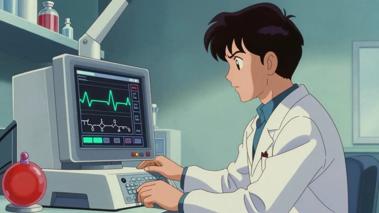 Retro anime scene of a medical professional monitoring drug levels on a digital screen