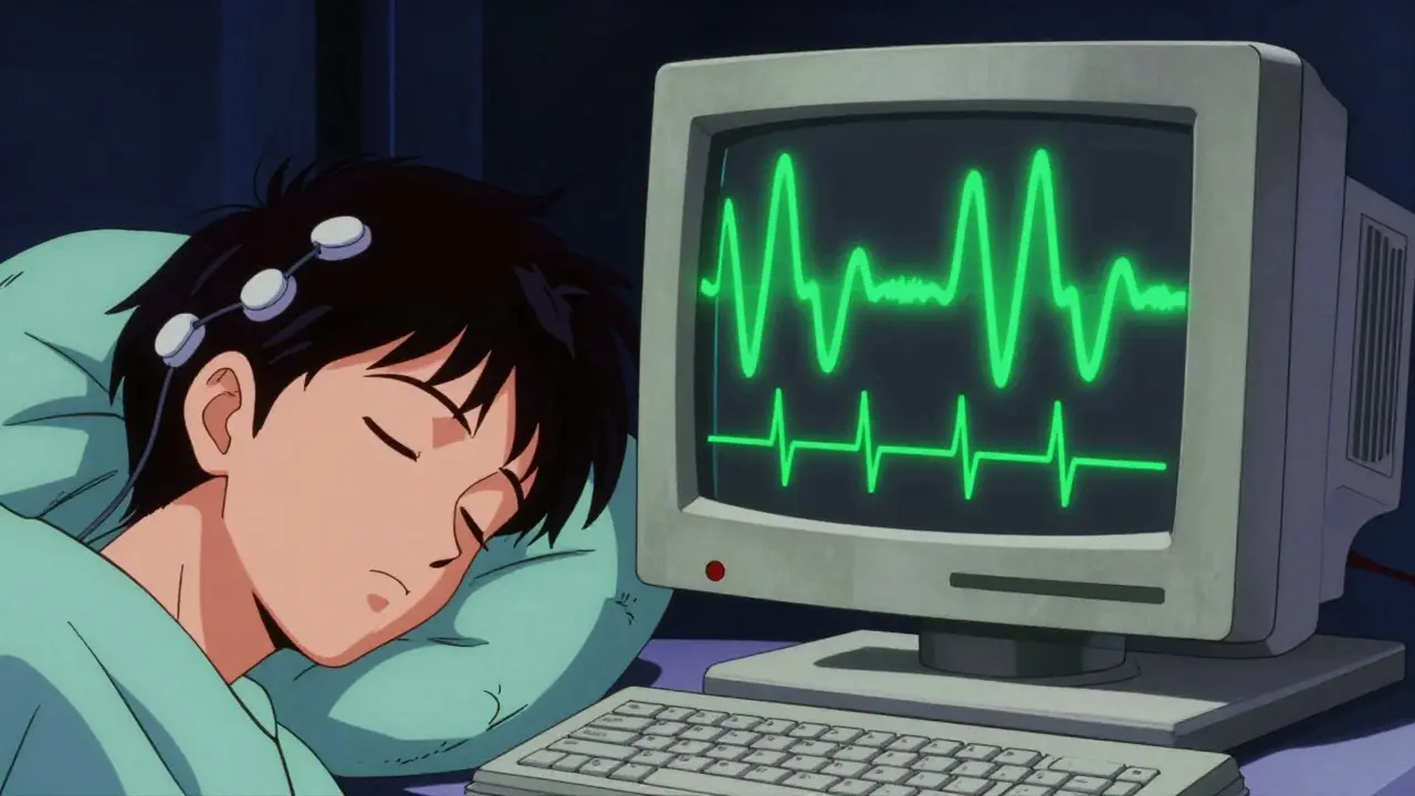 Retro anime split-screen showing a sleeping patient and a monitor with EEG brain wave data.