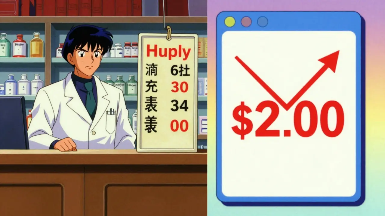 Split screen comparing high retail pharmacy prices with low online prices