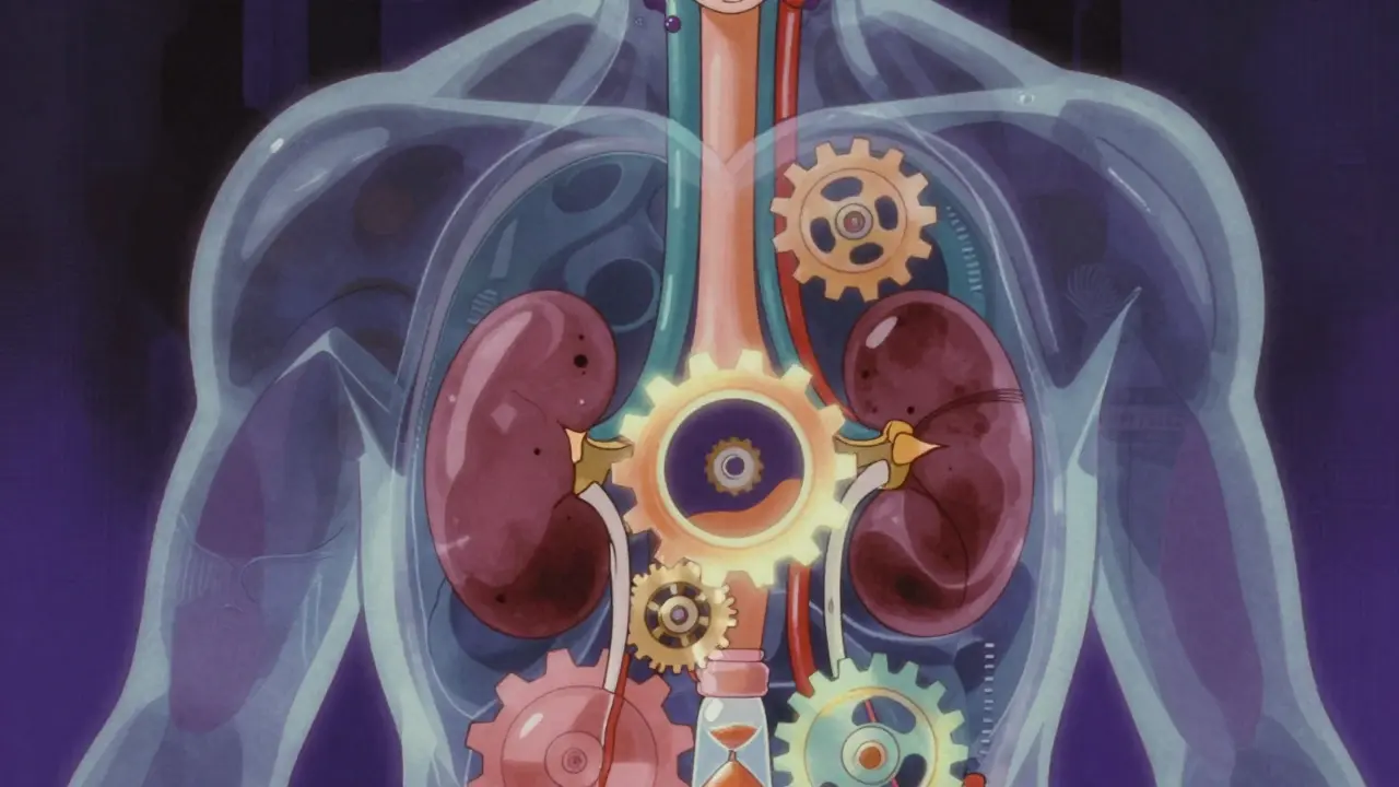 Abstract retro anime visualization of aging organs and slow drug metabolism with glowing gears.