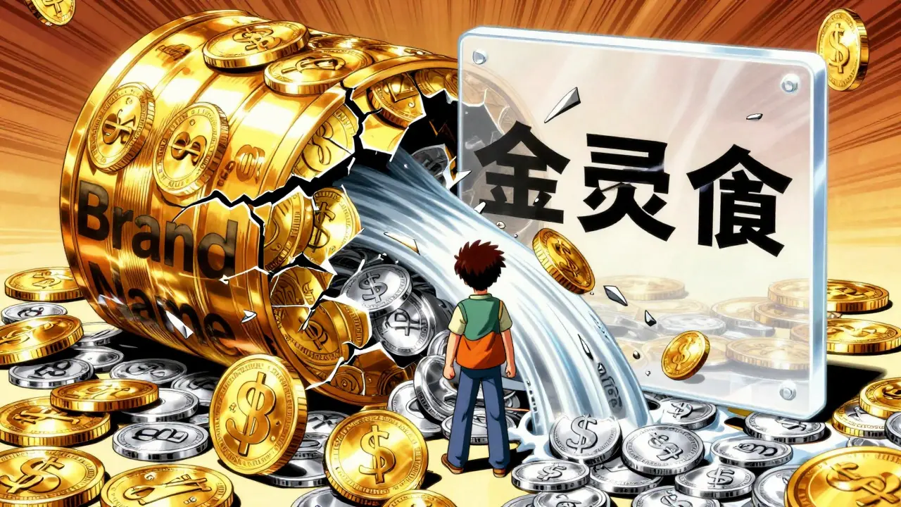 Anime character watching golden brand-name barrier crack for silver generic savings