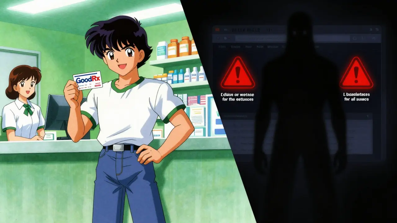 Anime comparison of safe pharmacy coupon vs risky dark web site.
