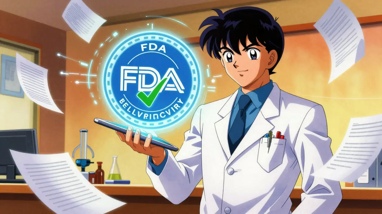 Anime researcher celebrating FDA approval with a glowing seal