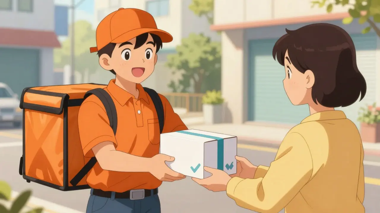 Delivery person handing medicine package to a happy customer in anime style.
