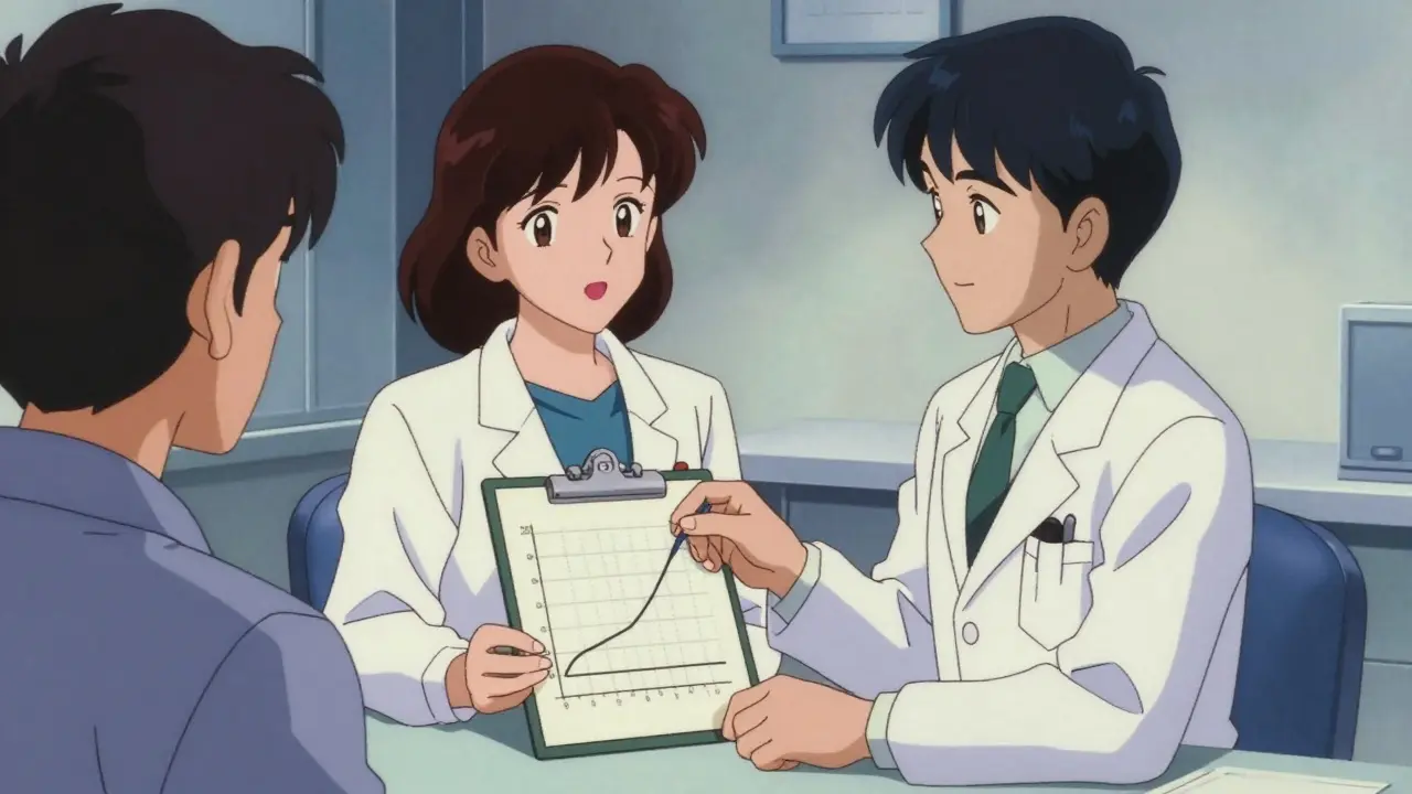 Doctor explaining stable test results to a patient in a calm clinic setting.