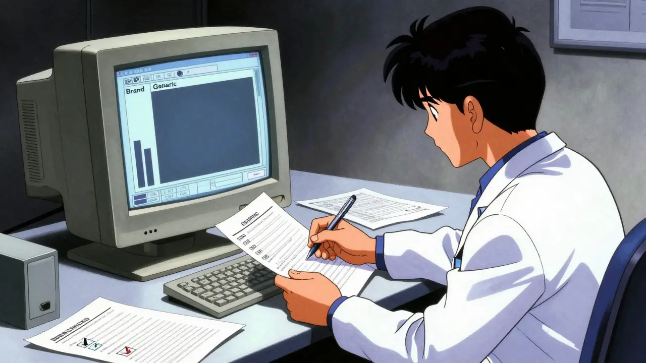 Doctor struggling with complex drug reporting forms at desk