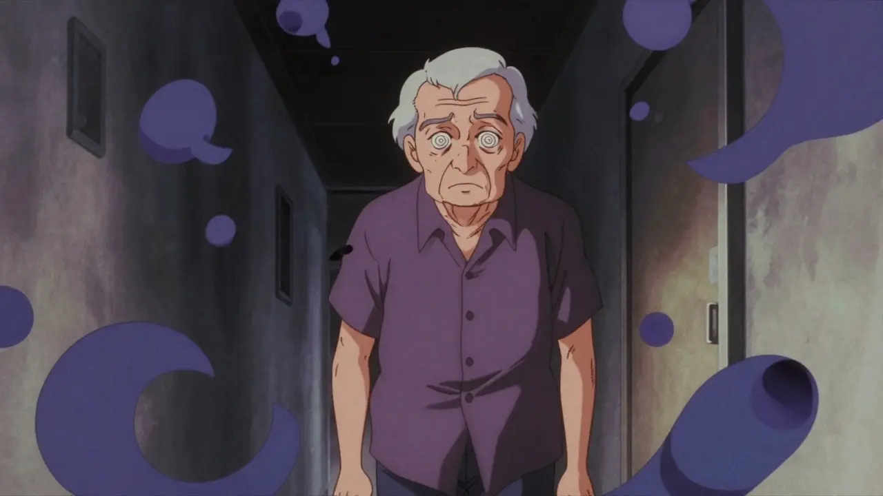 Elderly person looking dizzy and unstable in a hallway, retro anime art.