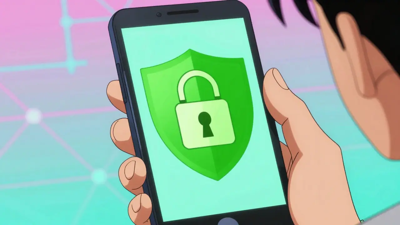 Hand holding a device showing security icons for verifying online pharmacies.