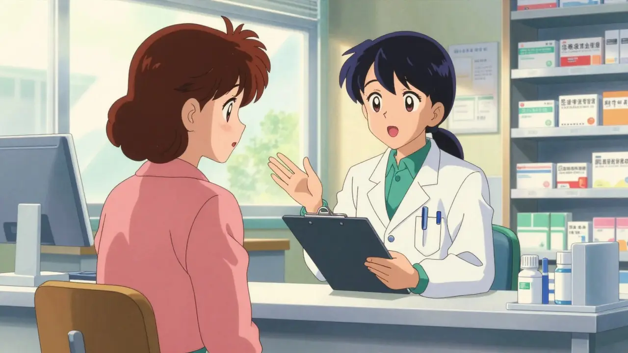 Patient consulting with a pharmacist for medication review, retro anime style.