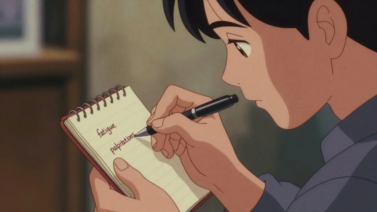 Person logging symptoms in a notebook to monitor health after changing meds.