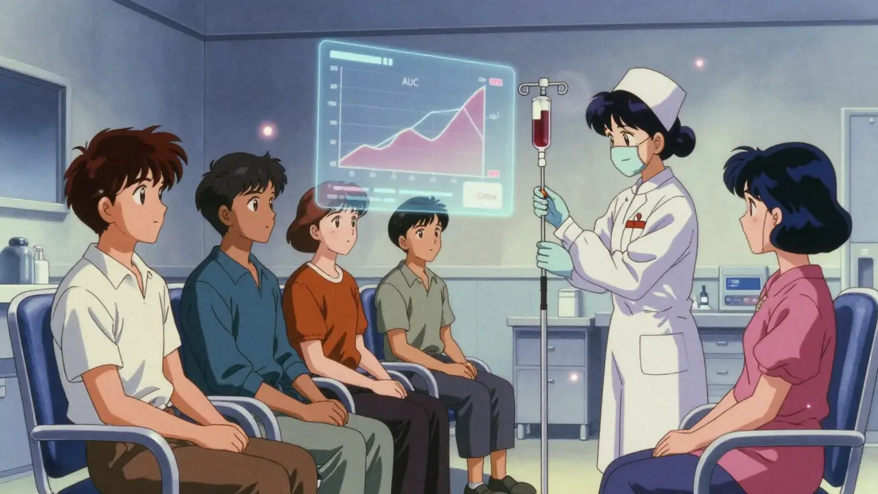 Retro anime scene of volunteers undergoing a clinical drug trial
