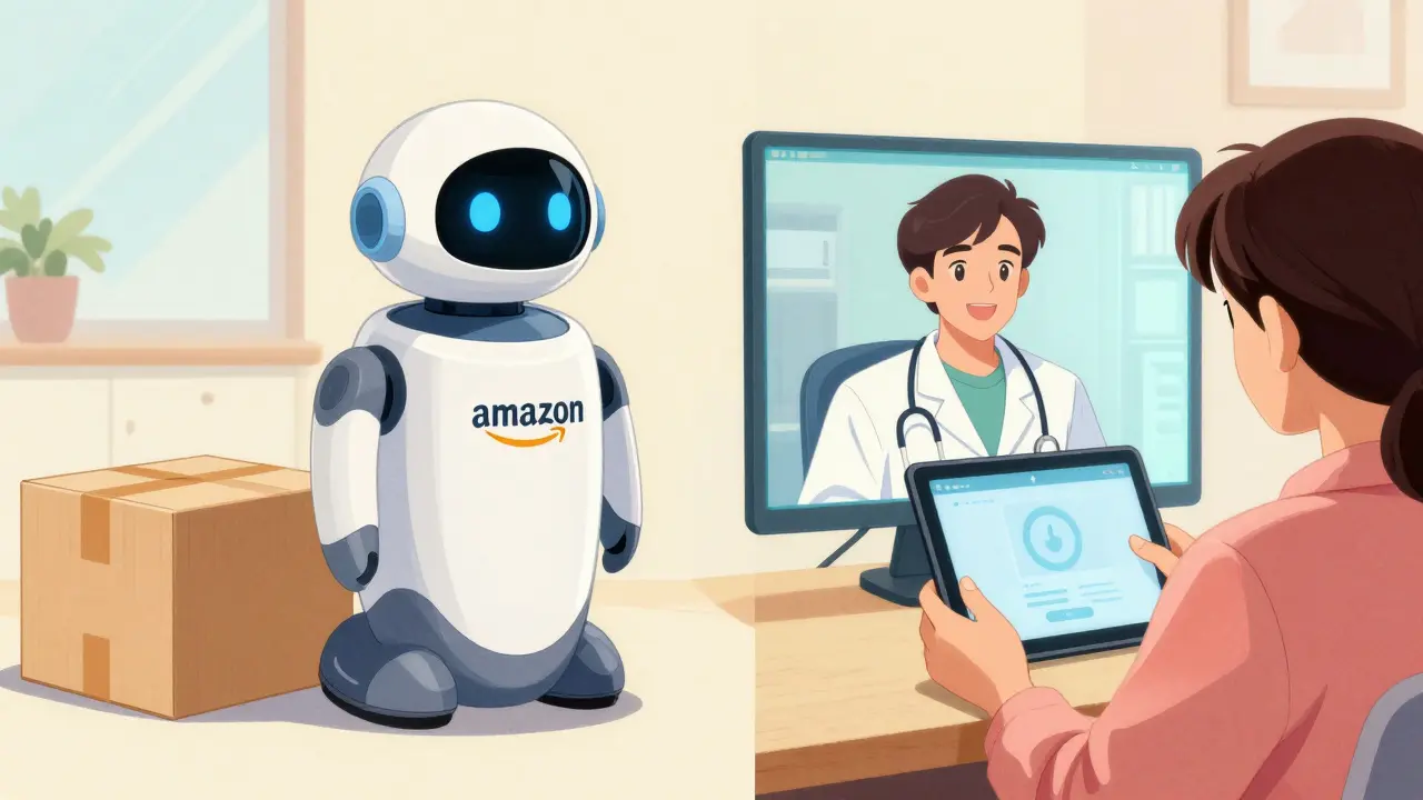 Retro anime split screen of delivery robot and telehealth call
