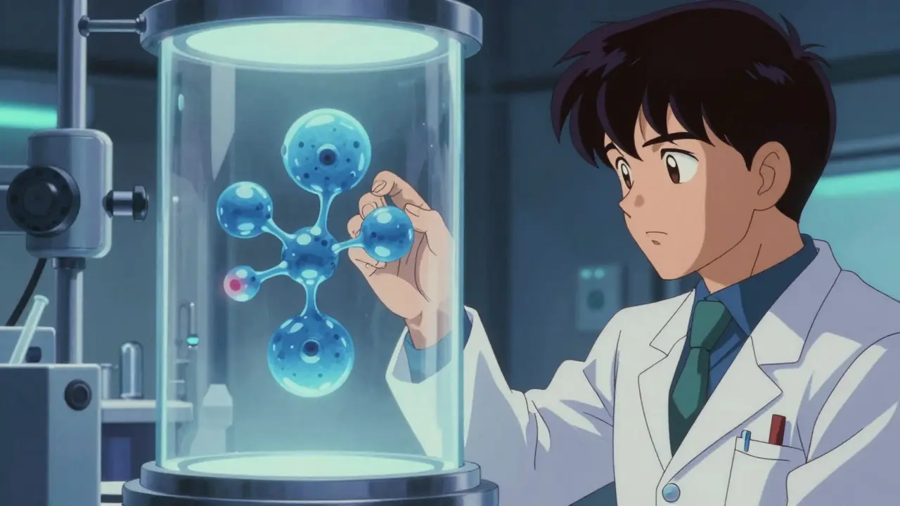 Scientist examining glowing blue protein structure in retro anime lab