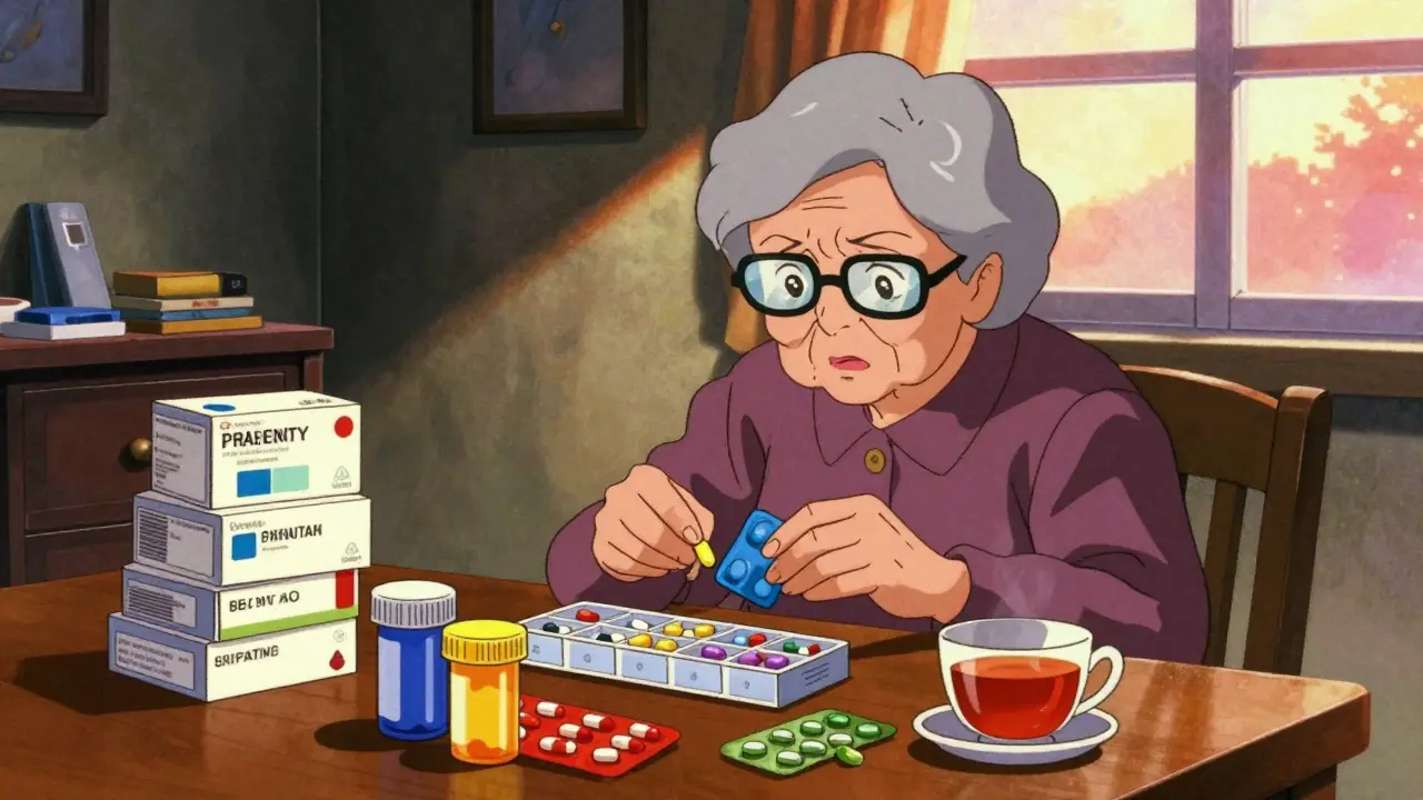 Senior woman in vintage anime style organizing pill containers and medications on a table.