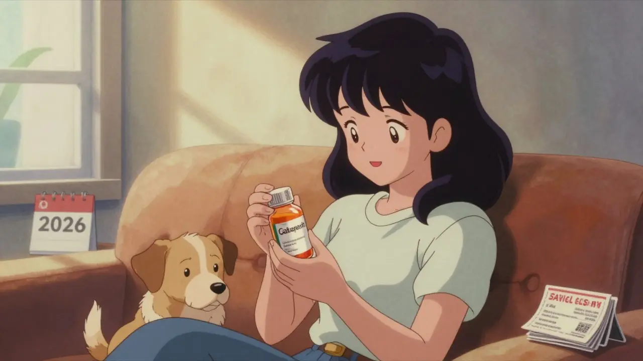Woman holding pet gabapentin bottle with her dog in sunny room.