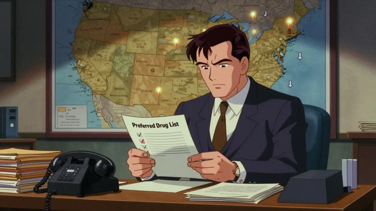 Anime bureaucrat reviewing drug lists in an 80s office