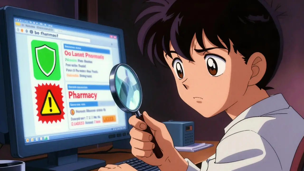 Anime character checking for legitimate online pharmacies with magnifying glass