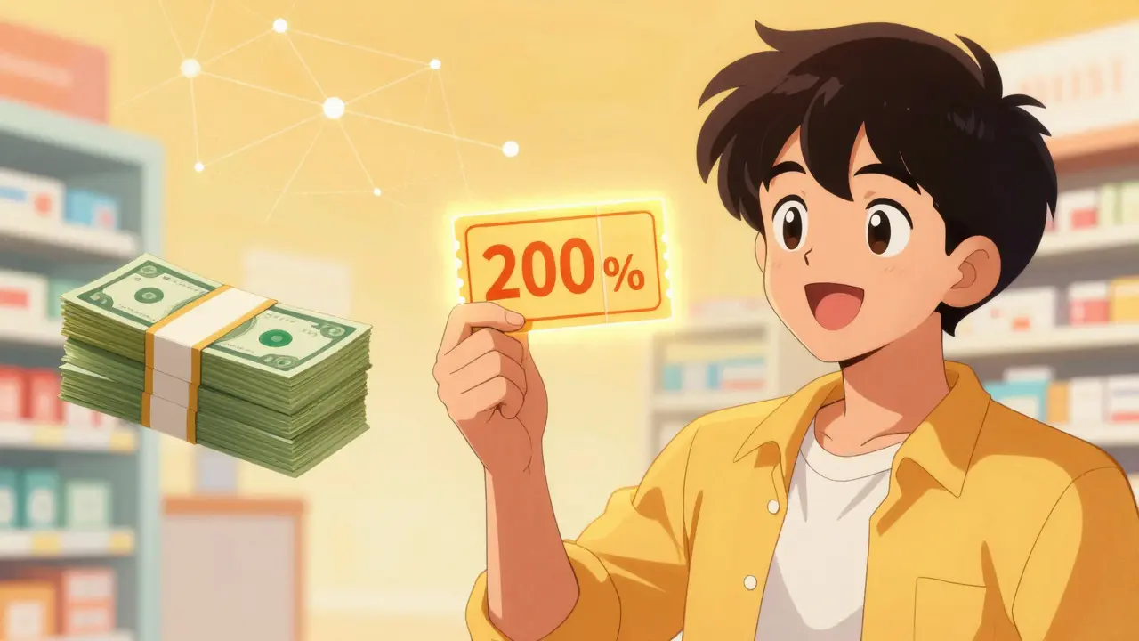 Anime character happily holding a discount coupon card