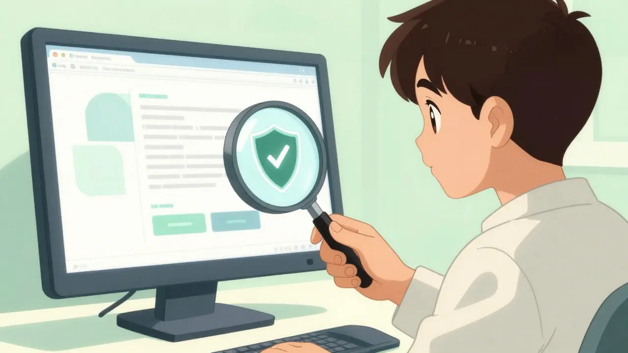 Anime character verifying safety seal on computer screen