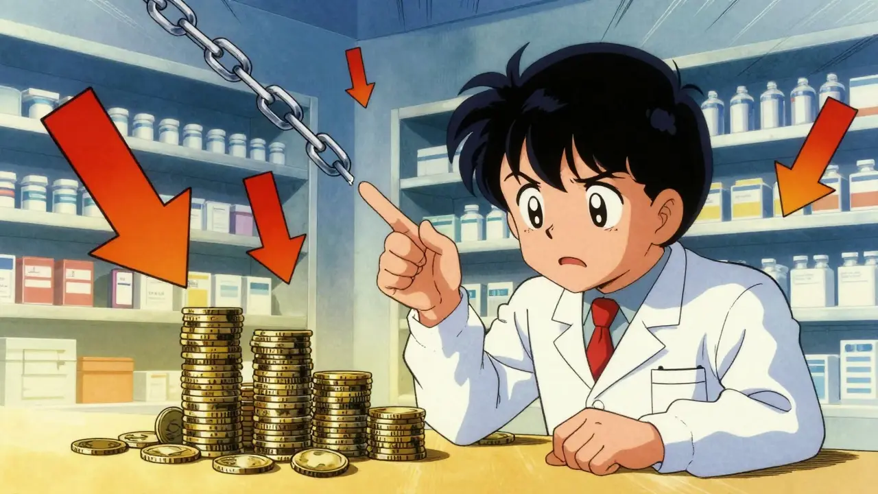 Anime metaphor showing drug shortage and financial stress