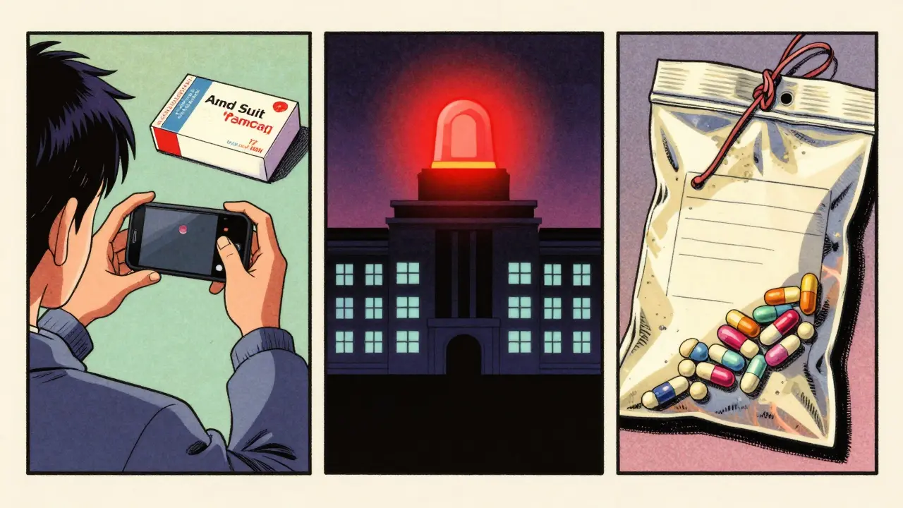 Anime scene showing documentation of fake drug evidence