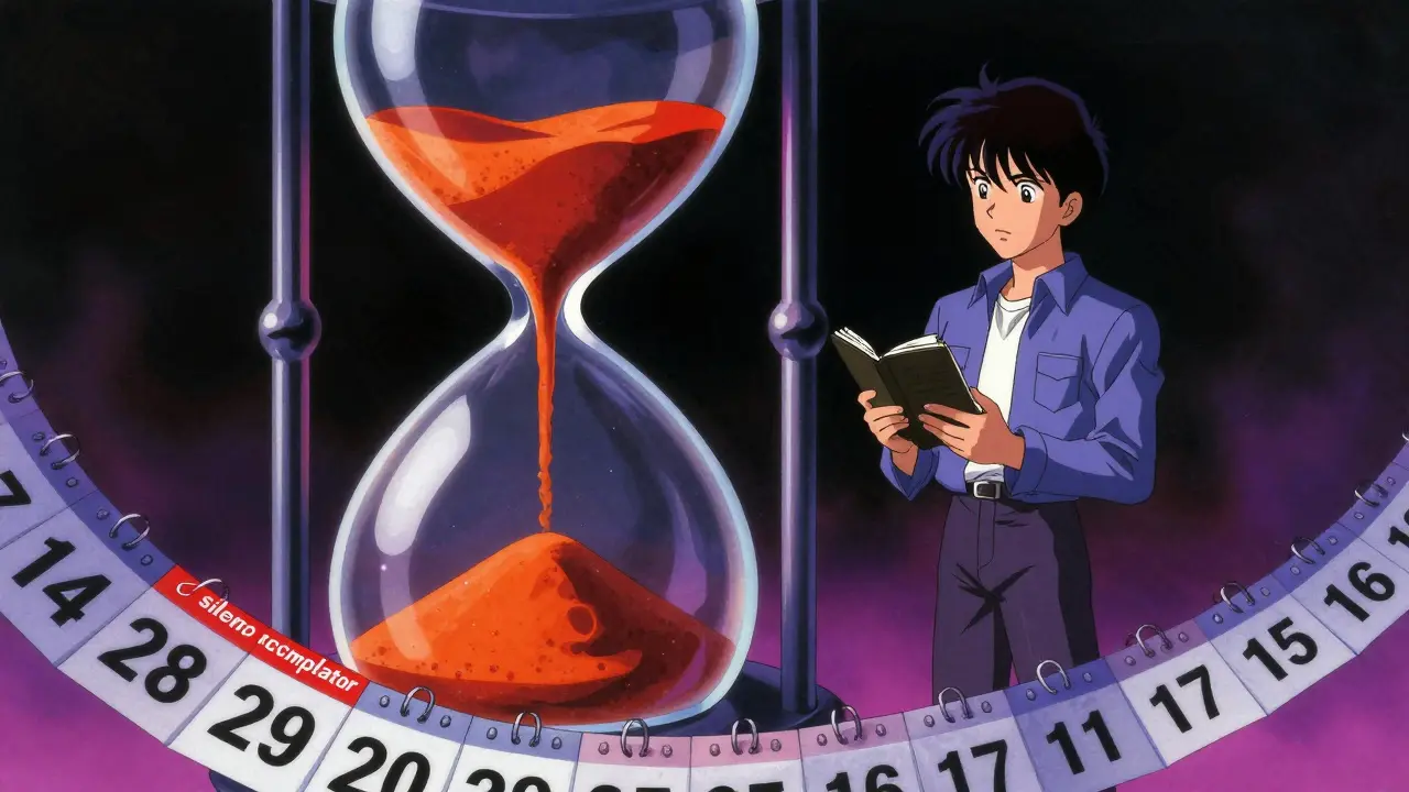 Character watching an hourglass turn red in retro anime style