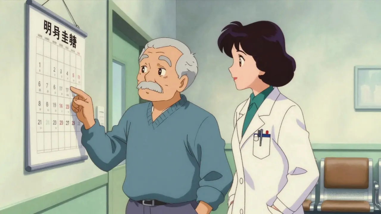 Doctor advising an elderly patient on a wait-and-see approach, anime style.