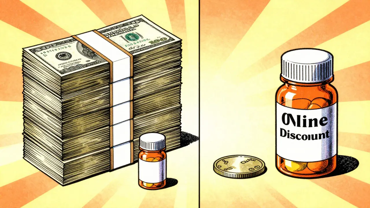 Manga style visual metaphor comparing high vs low drug costs