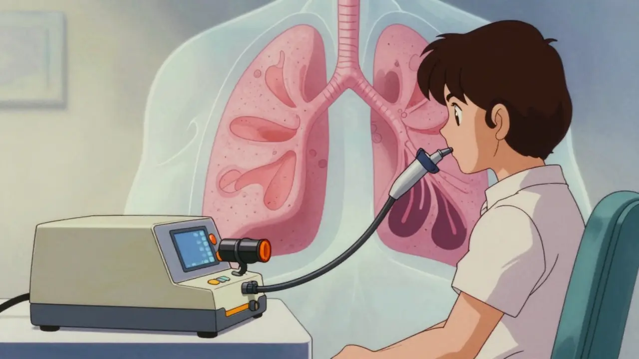 Patient undergoing spirometry test with lung anatomy overlay