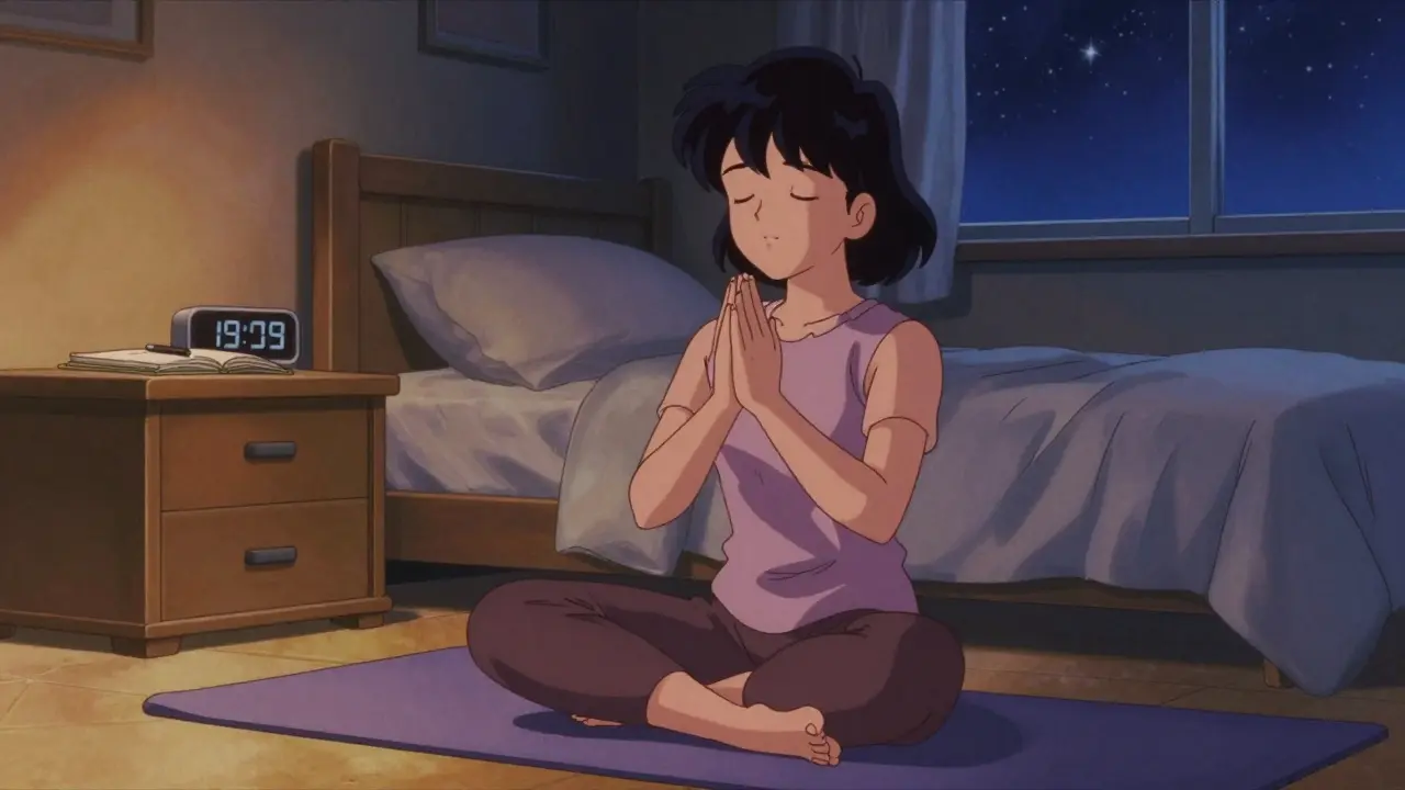 Person meditating and journaling for mood stability
