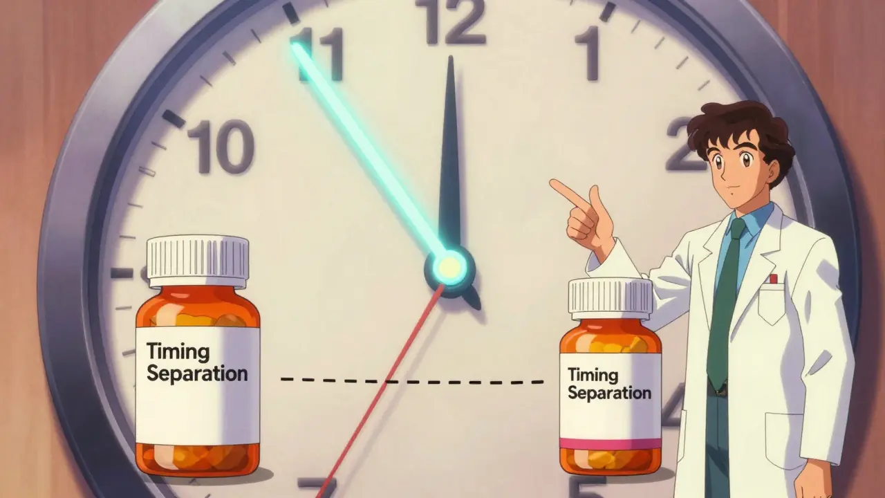 Retro anime illustration of separated medicine bottles and a clock illustrating timing strategies for drug intake.
