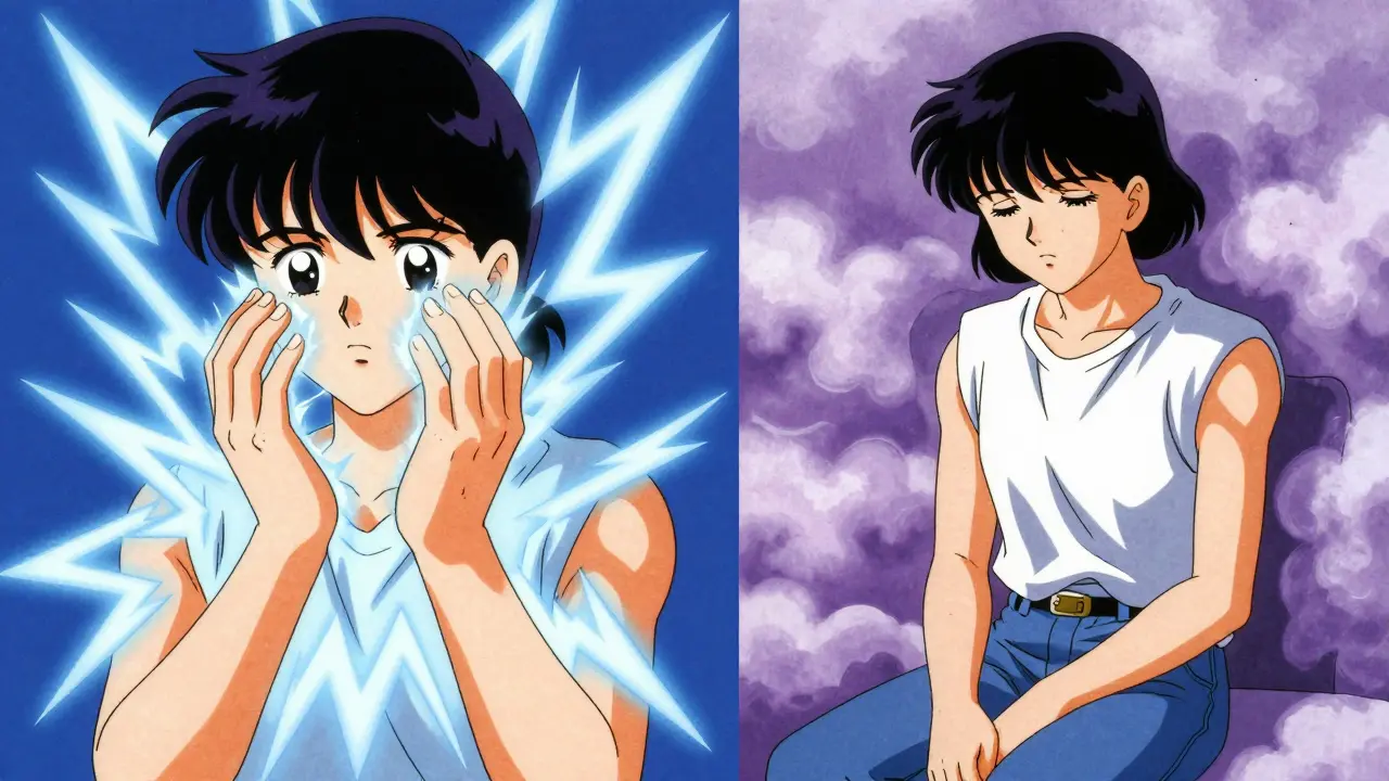 Split screen showing nerve pain vs fatigue in retro anime style