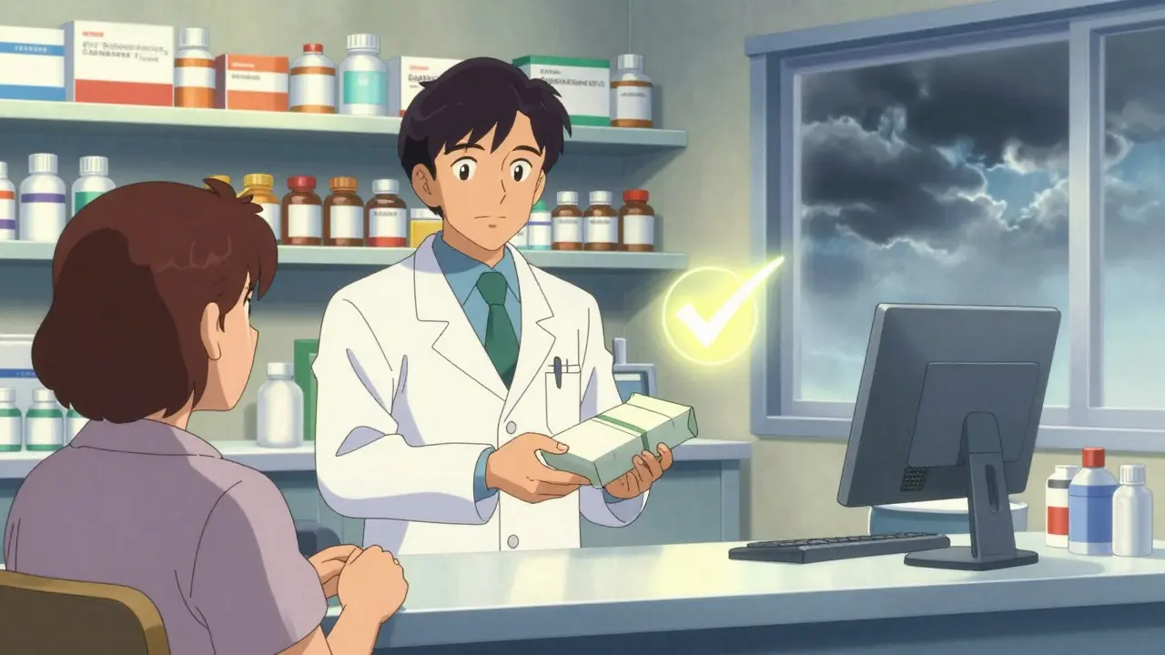 Trustworthy pharmacist handing verified medication to a patient in anime style